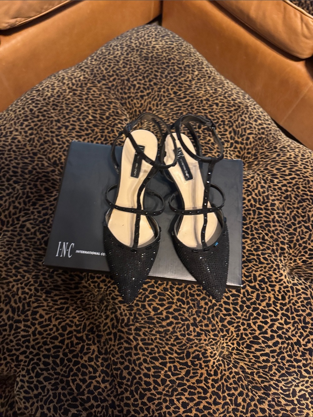 INC International Concepts Black Sequin Pointed-Toe Strappy Slingback Heels